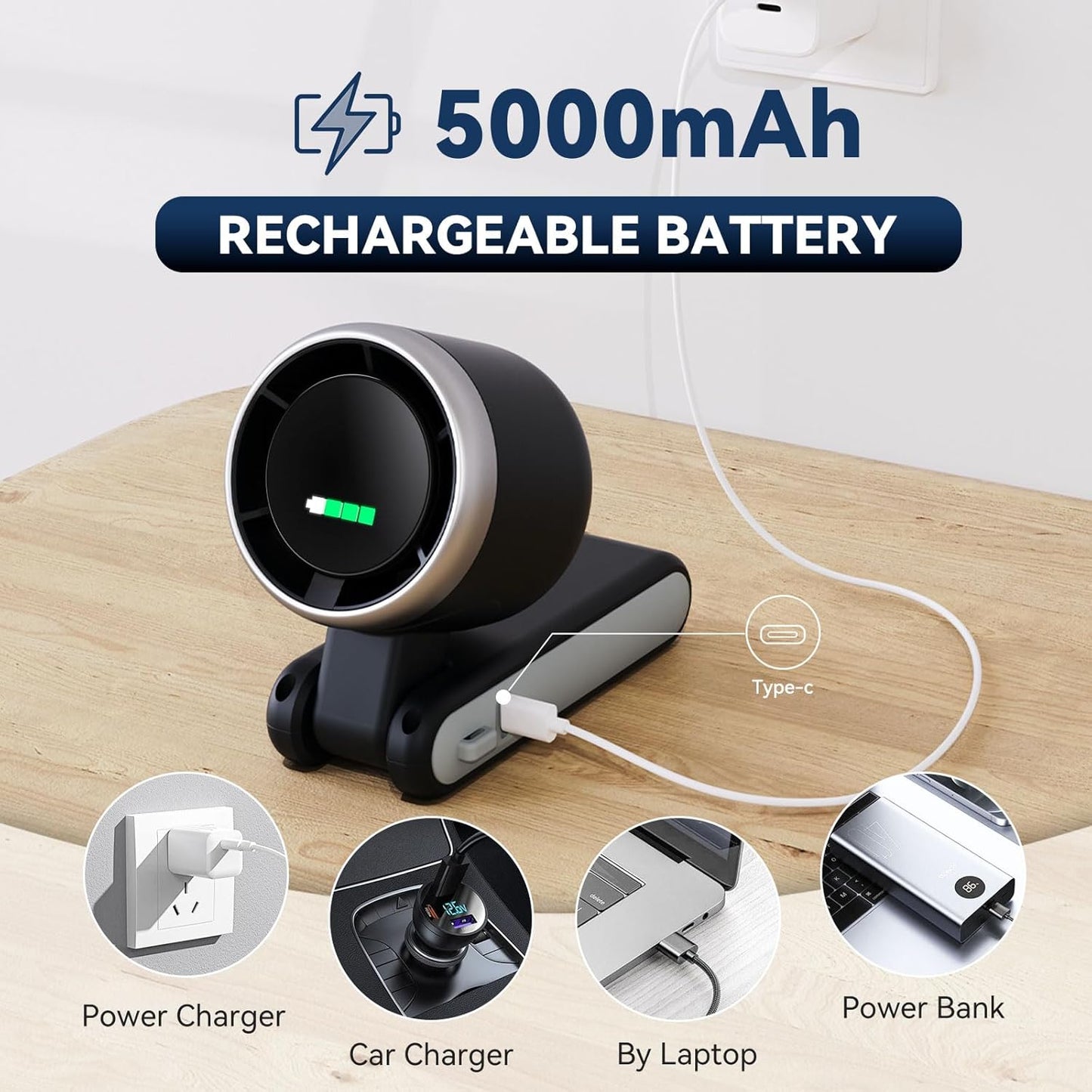 5000mAh Rechargeable Portable Fan | USB-C, 5 Speeds, Lightweight & Quiet
